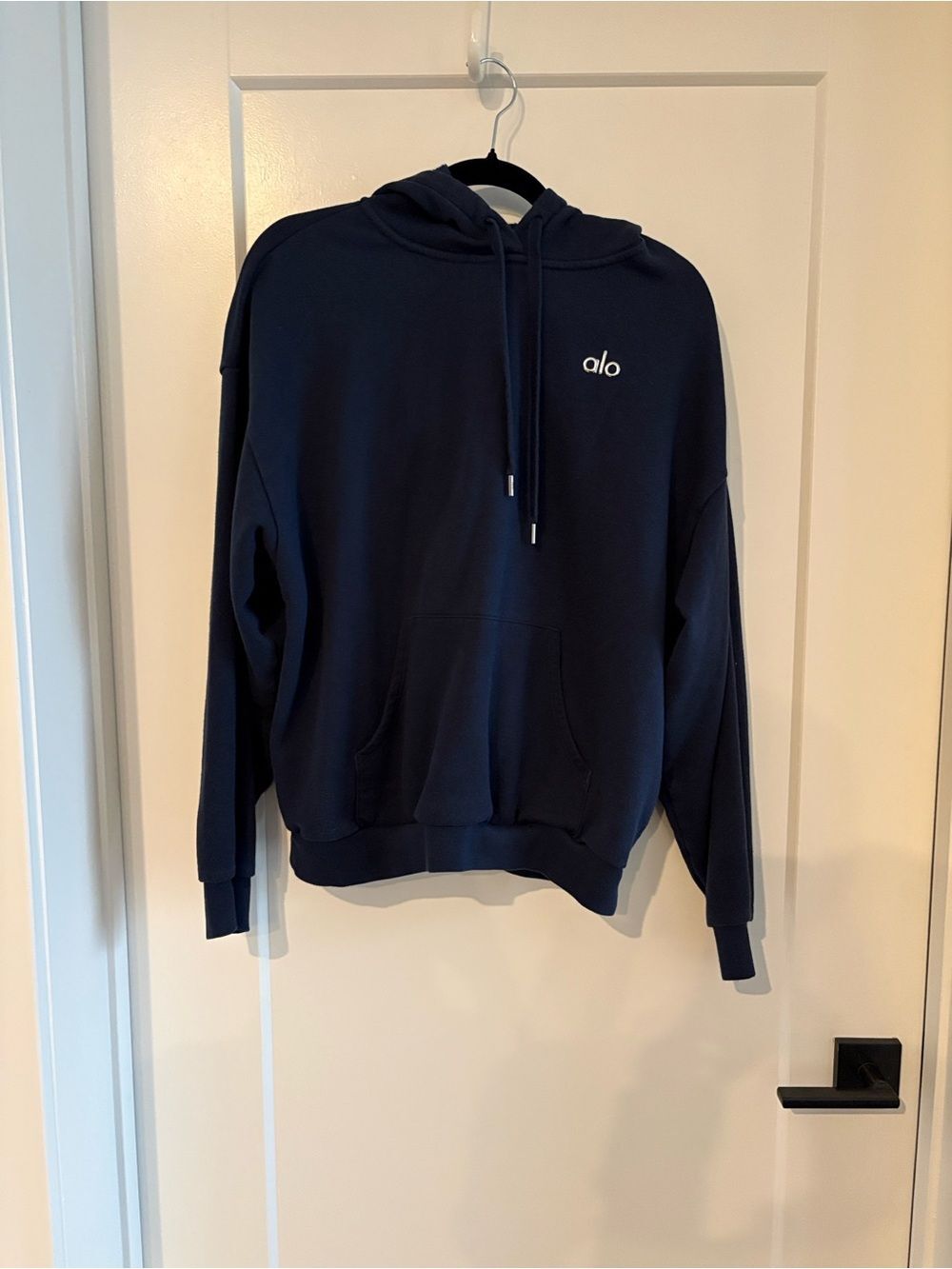 ALO Yoga Navy Pullover Hoodie with White Logo